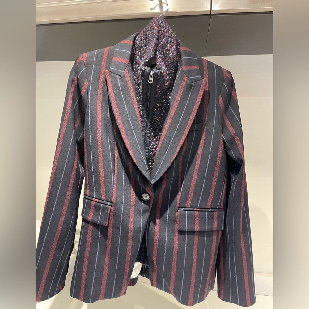 $698 Veronica Beard Carter Dickey jacket blazer navy merlot white stripe size 0 - Picture 2 of 16